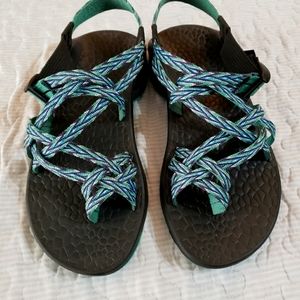 Teal and Purple double strap Chaco sandals